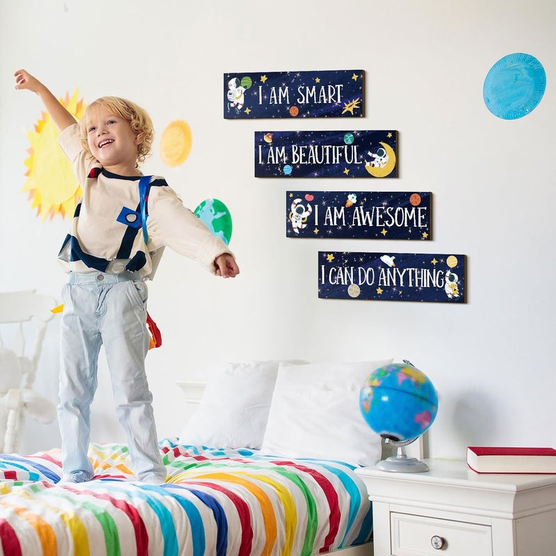 Yookeer 4 Pcs Space Room Decor for Kids Boys Outer Space Wall Art Bedroom Decor for Nursery Classroom Astronaut Galaxy Posters Spaceman Wood Sign Be Brave and Be Kind for Baby Boy(I) - Image 4